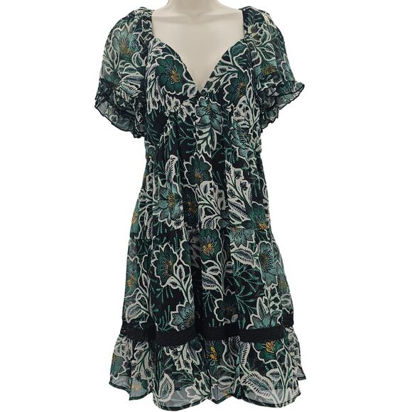 Band of the Free Womans size M Maise Emerald Floral A-Line Mini Dress Tiered NEW - Picture 1 of 8